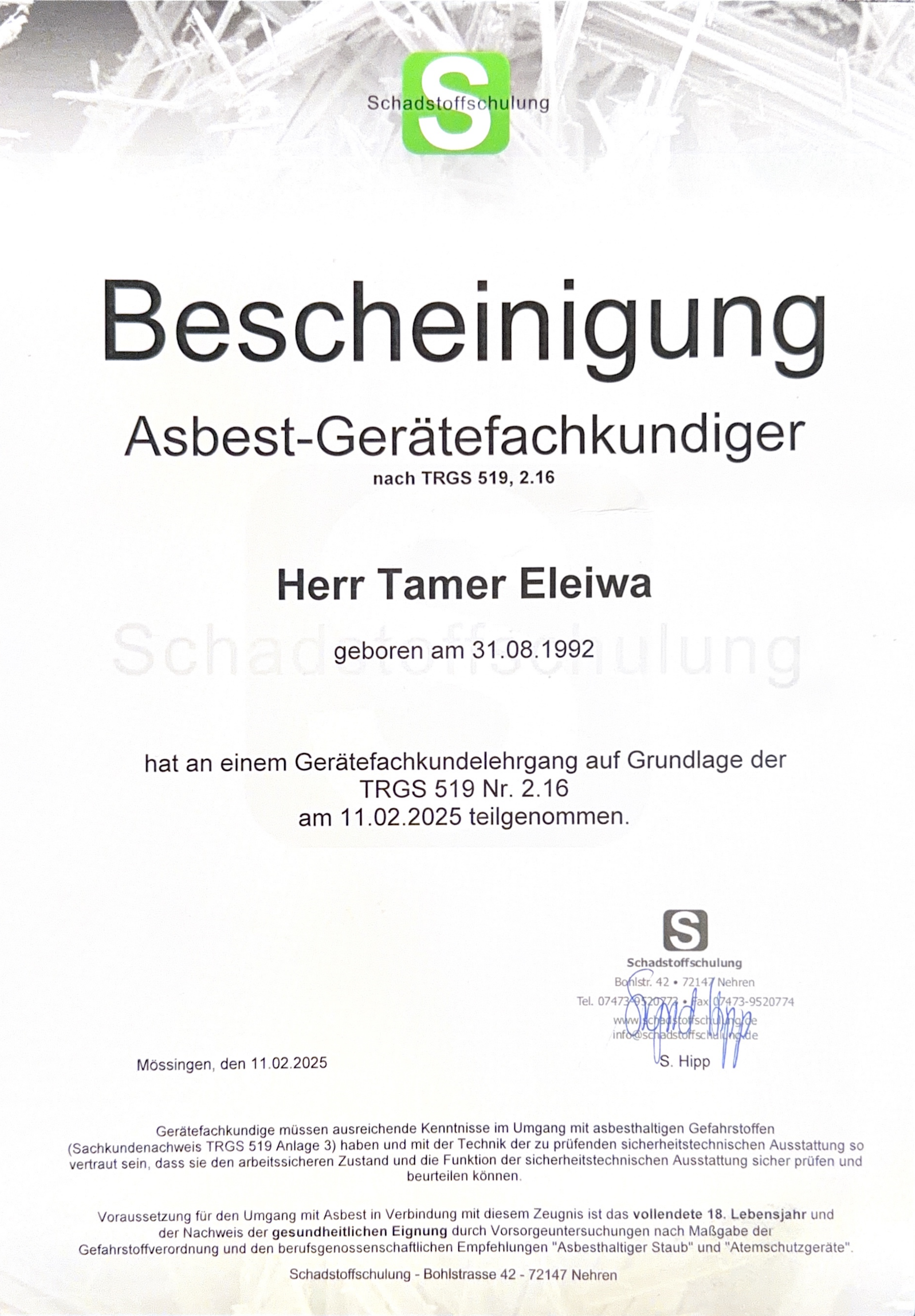 Bescheinigung Asbest-Gerätefachkundiger