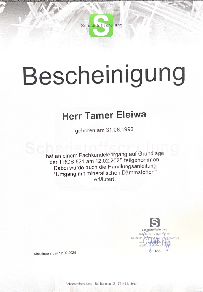 Bescheinigung Umgang mit mineralischen Dämmstoffen